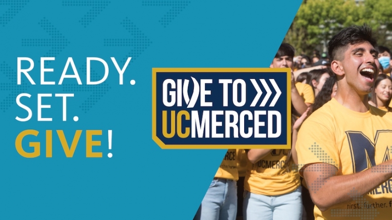 Image of UC Merced student next to text to Give to UC Merced